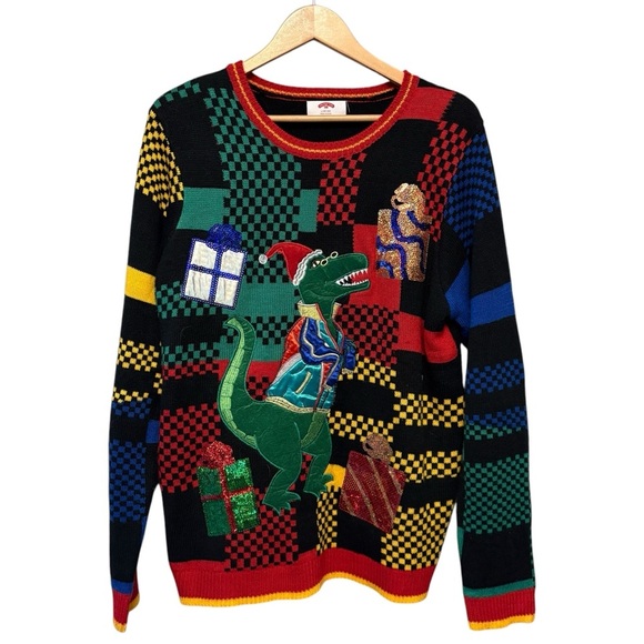 Ugly Christmas Sweater Dinosaur T-Rex Dino Santa Hat Plaid, Mens size Large - Picture 1 of 10
